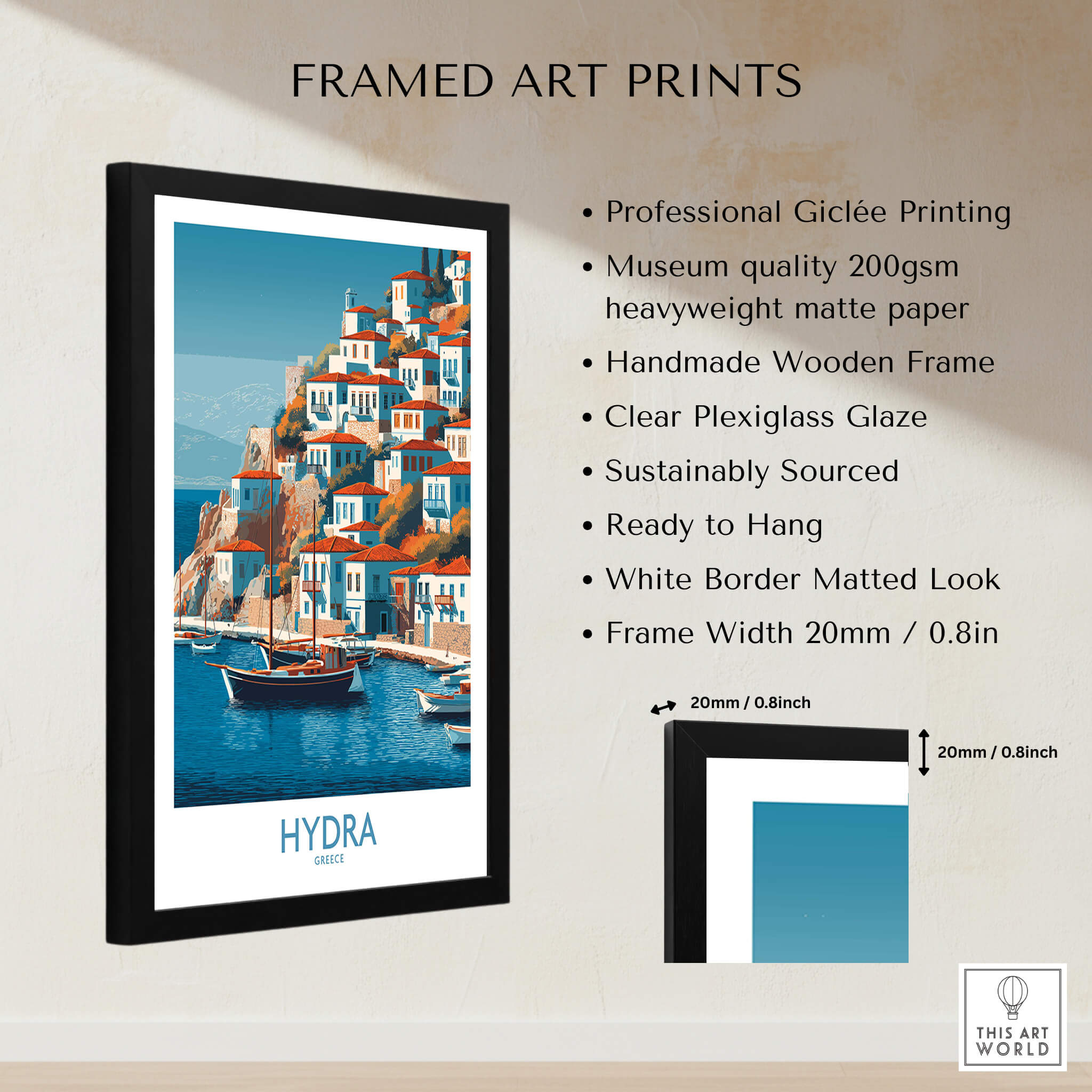 Hydra Greece Poster | Greek Island Village Scene Canvas Print framed art print showcasing charming waterfront and colorful buildings.