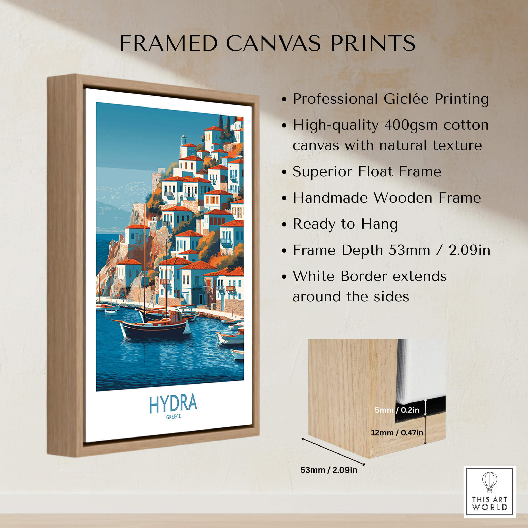 Hydra Greece Poster | Greek Island Village Scene Canvas Print displayed in a handmade wooden frame with natural texture.