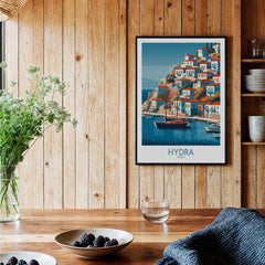 Hydra Greece Poster | Greek Island Village Scene Canvas Print depicting a vibrant waterfront with stone buildings and boats.