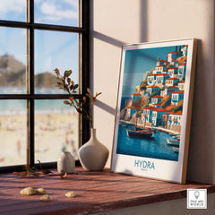 Hydra Greece Poster | Greek Island Village Scene Canvas Print displayed in a sunlit room with a beach view.