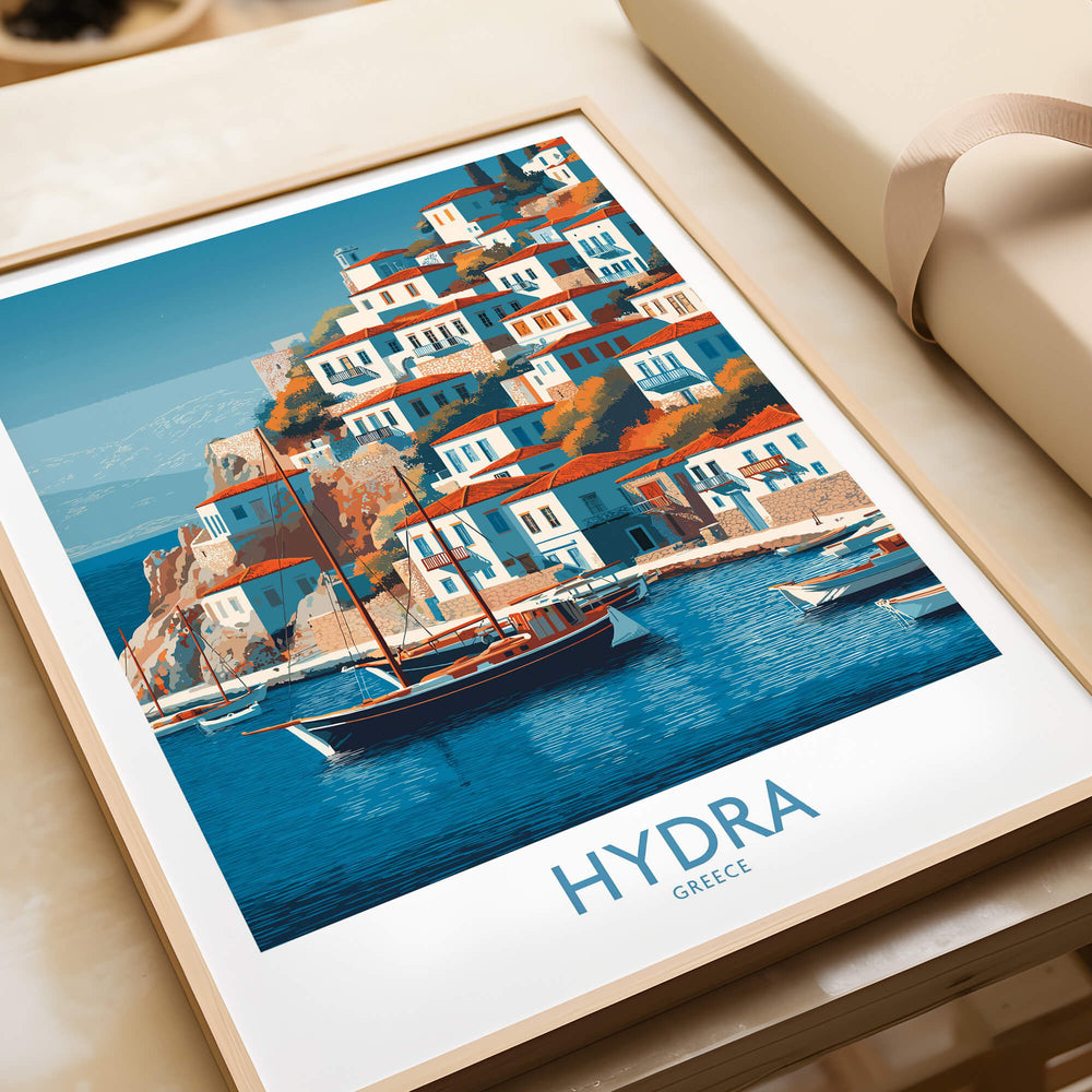 Hydra Greece Poster | Greek Island Village Scene Canvas Print featuring colorful waterfront buildings and boats on a sunny day.