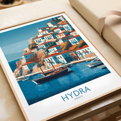 Hydra Greece Poster | Greek Island Village Scene Canvas Print featuring colorful waterfront buildings and boats on a sunny day.