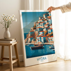 Hydra Greece Poster | Greek Island Village Scene Canvas Print showcasing charming waterfront and traditional stone buildings.