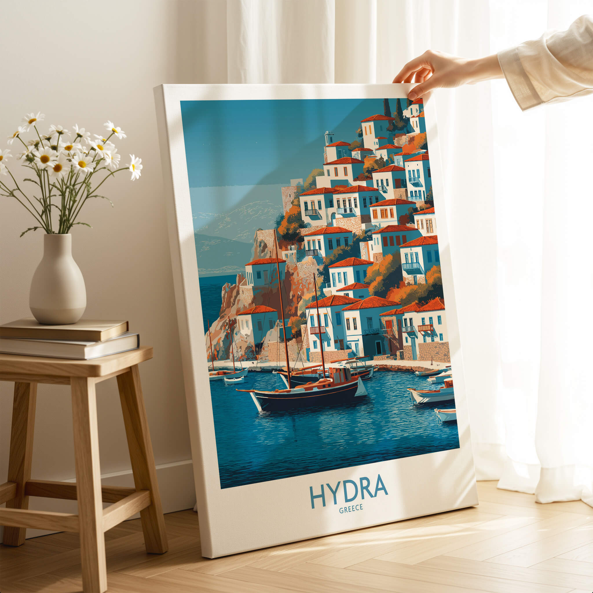 Hydra Greece Poster | Greek Island Village Scene Canvas Print showcasing charming waterfront and traditional stone buildings.