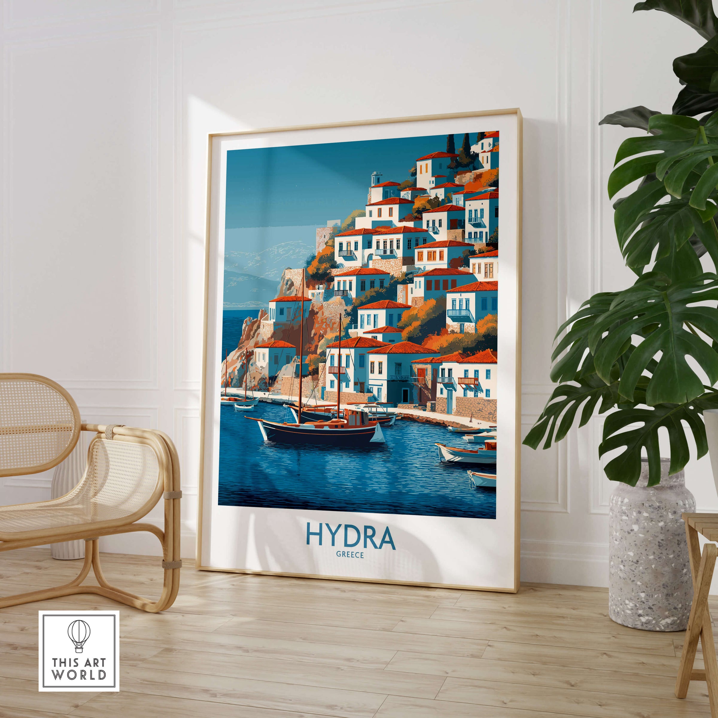 Hydra Greece Poster | Greek Island Village Scene Canvas Print showcasing traditional waterfront buildings and boats.