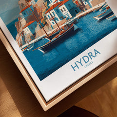 Hydra Greece Poster | Greek Island Village Scene Canvas Print showcasing a picturesque waterfront and traditional buildings.