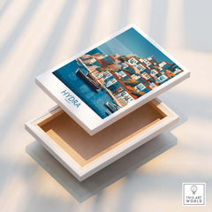 Hydra Greece Poster | Greek Island Village Scene Canvas Print in a decorative box displaying Hydra's waterfront.