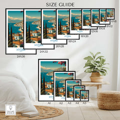 Hydra Greece Poster | Greek Island View Canvas Print size guide showing various frame sizes and designs.