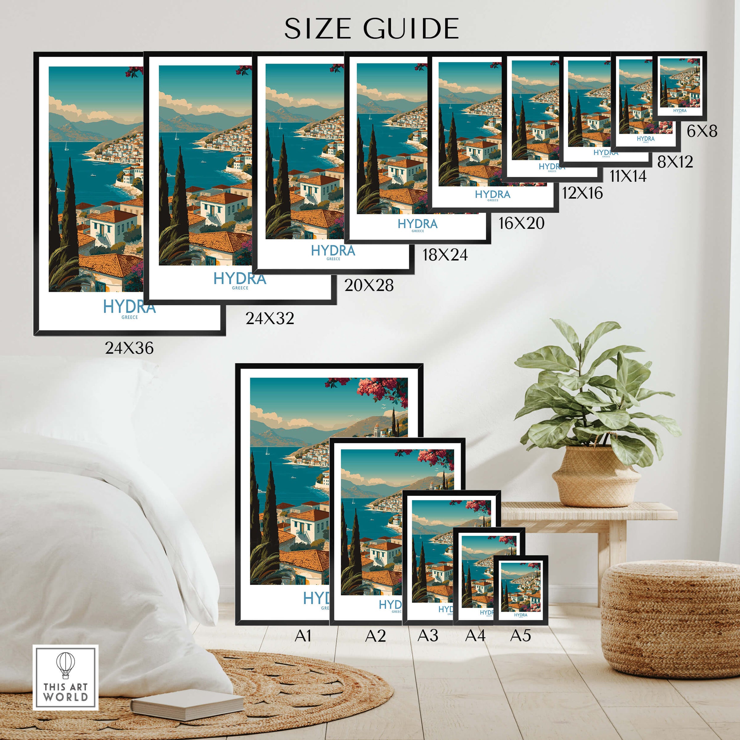 Hydra Greece Poster | Greek Island View Canvas Print size guide showing various frame sizes and designs.