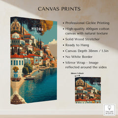 Hydra Greece Travel Poster | Harbor Side Promenade Wall Art Print features professional Giclée printing on high-quality canvas.