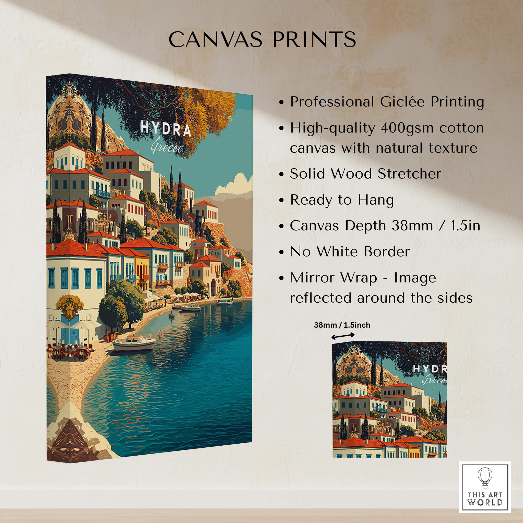 Hydra Greece Travel Poster | Harbor Side Promenade Wall Art Print features professional Giclée printing on high-quality canvas.
