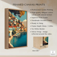 Hydra Greece Travel Poster | Harbor Side Promenade Wall Art Print displayed in a stylish wooden frame.