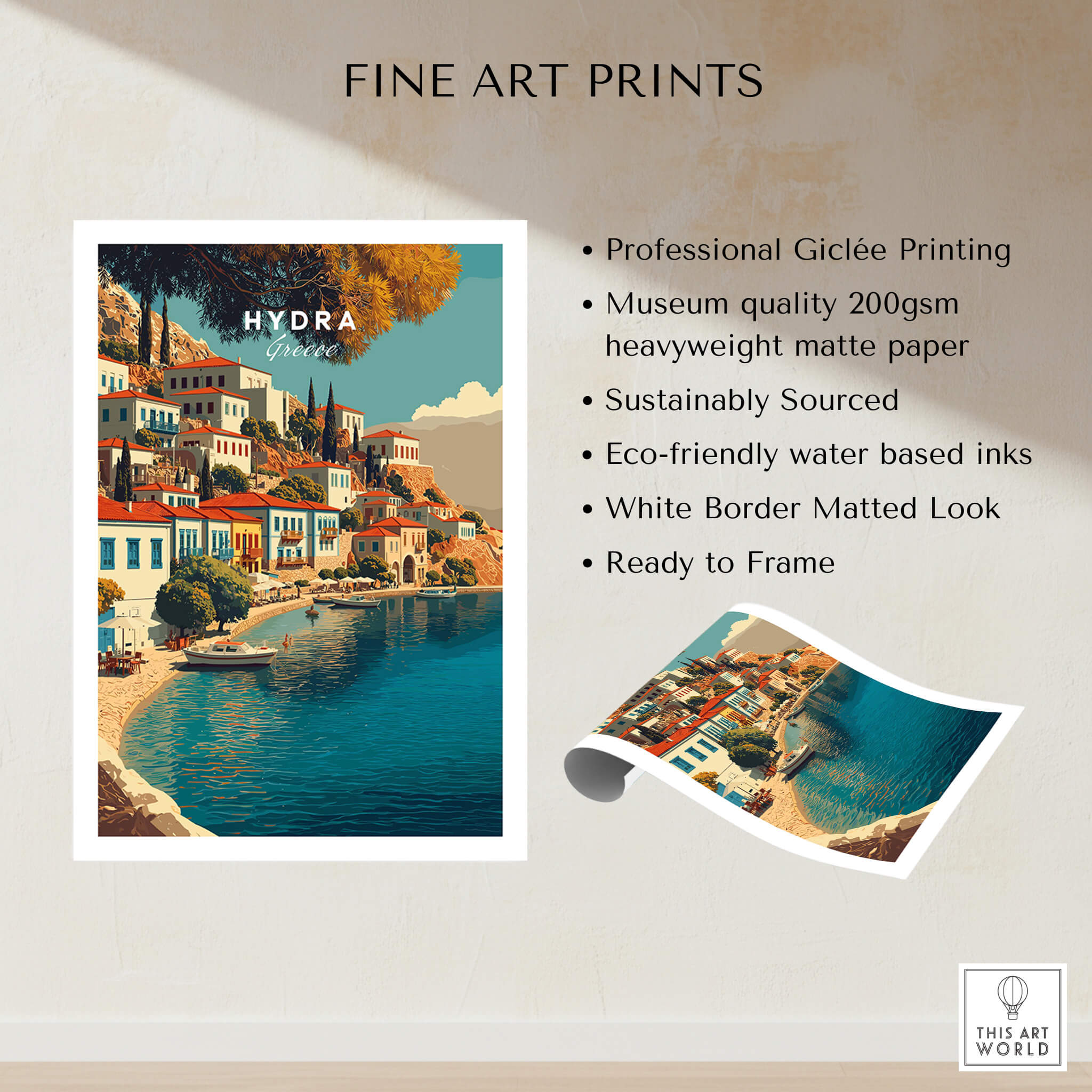 Hydra Greece Travel Poster | Harbor Side Promenade Wall Art Print showcasing vibrant waterfront scene and professional quality.