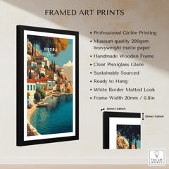 Hydra Greece Travel Poster | Harbor Side Promenade Wall Art Print displayed in a framed art print with features.