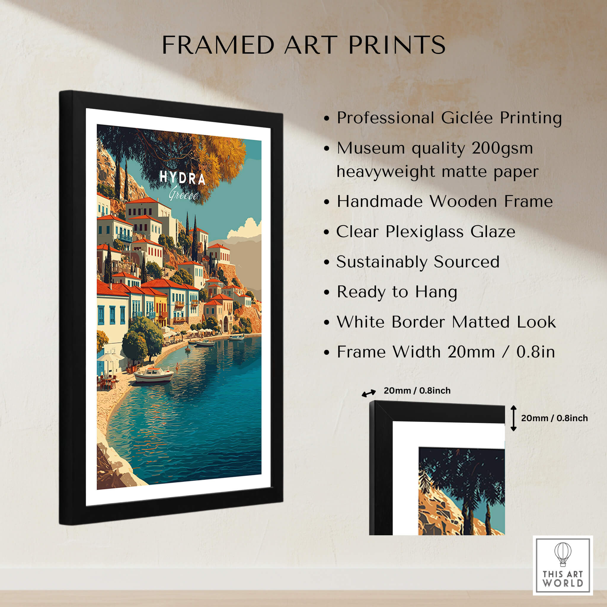 Hydra Greece Travel Poster | Harbor Side Promenade Wall Art Print displayed in a framed art print with features.