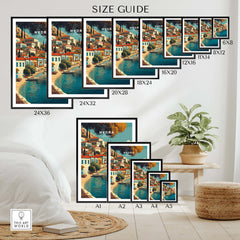 Hydra Greece Travel Poster | Harbor Side Promenade Wall Art Print size guide with various print sizes displayed.