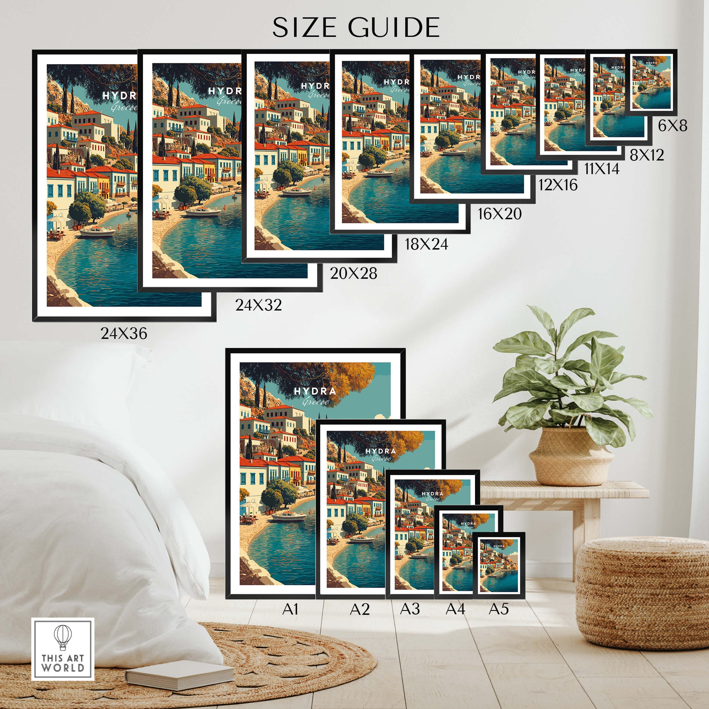 Hydra Greece Travel Poster | Harbor Side Promenade Wall Art Print size guide with various print sizes displayed.