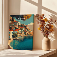 Hydra Greece Travel Poster | Harbor Side Promenade Wall Art Print featuring a scenic waterfront view.