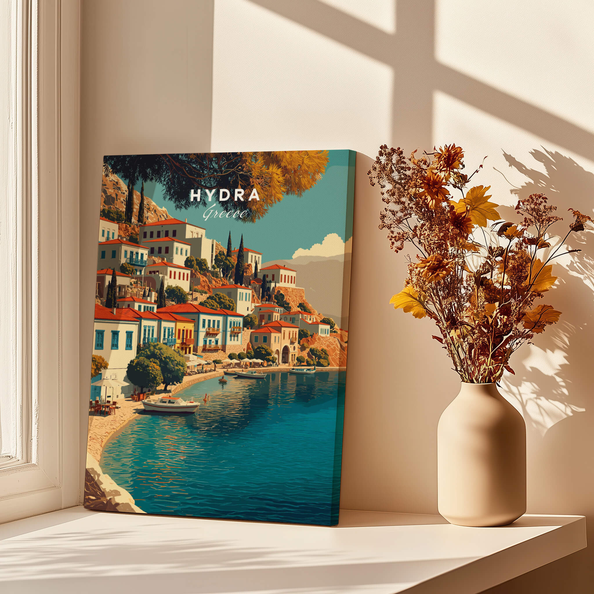 Hydra Greece Travel Poster | Harbor Side Promenade Wall Art Print featuring a scenic waterfront view.