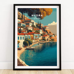 Hydra Greece Travel Poster | Harbor Side Promenade Wall Art Print showcasing the picturesque waterfront and charming houses.
