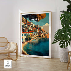 Hydra Greece Travel Poster | Harbor Side Promenade Wall Art Print featuring colorful waterfront buildings in a stylish room.