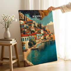 Hydra Greece Travel Poster | Harbor Side Promenade Wall Art Print featuring colorful waterfront buildings and serene sea.