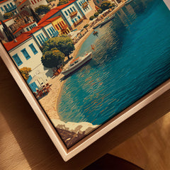 Hydra Greece Travel Poster | Harbor Side Promenade Wall Art Print showcasing vibrant waterfront with boats and cafés.