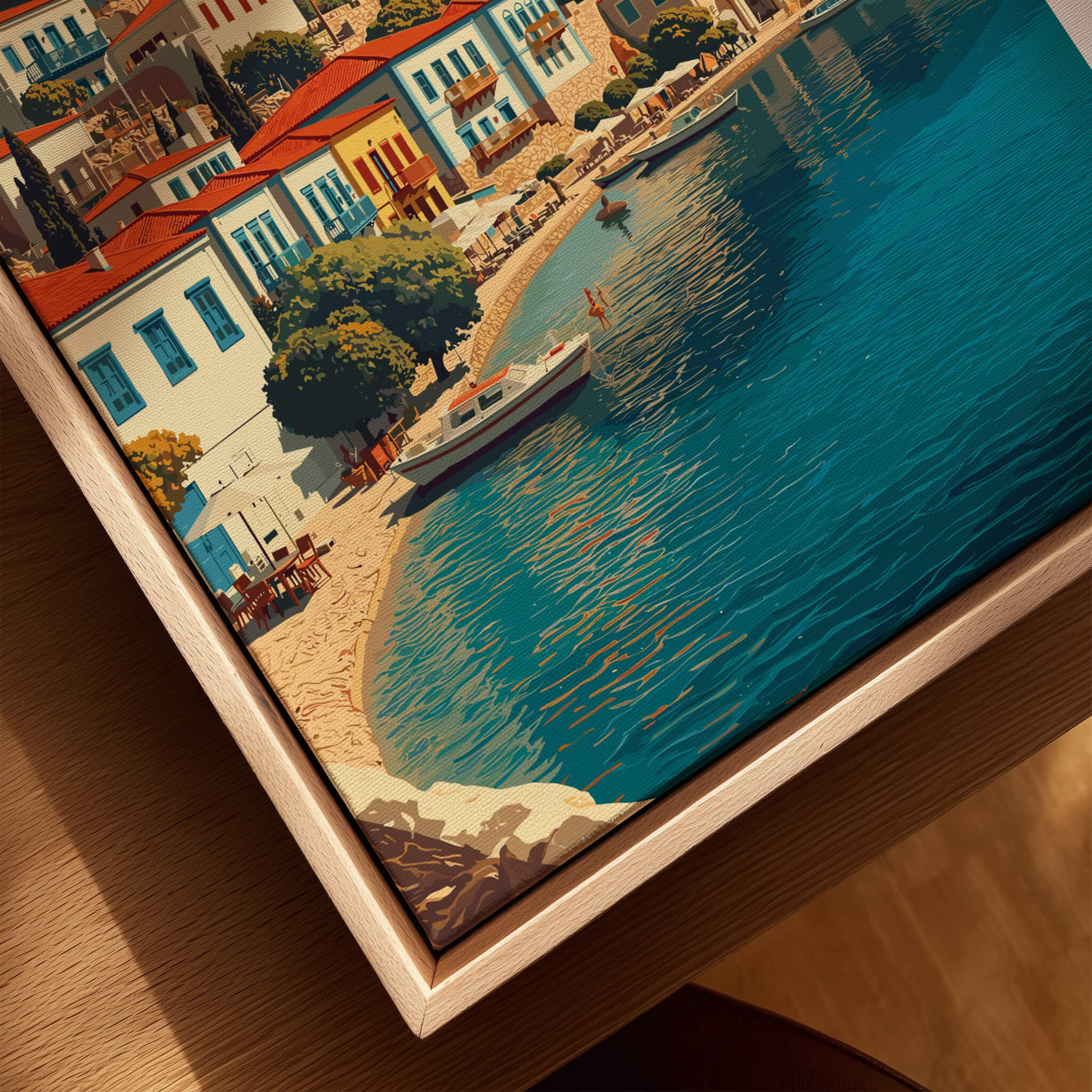 Hydra Greece Travel Poster | Harbor Side Promenade Wall Art Print showcasing vibrant waterfront with boats and cafés.