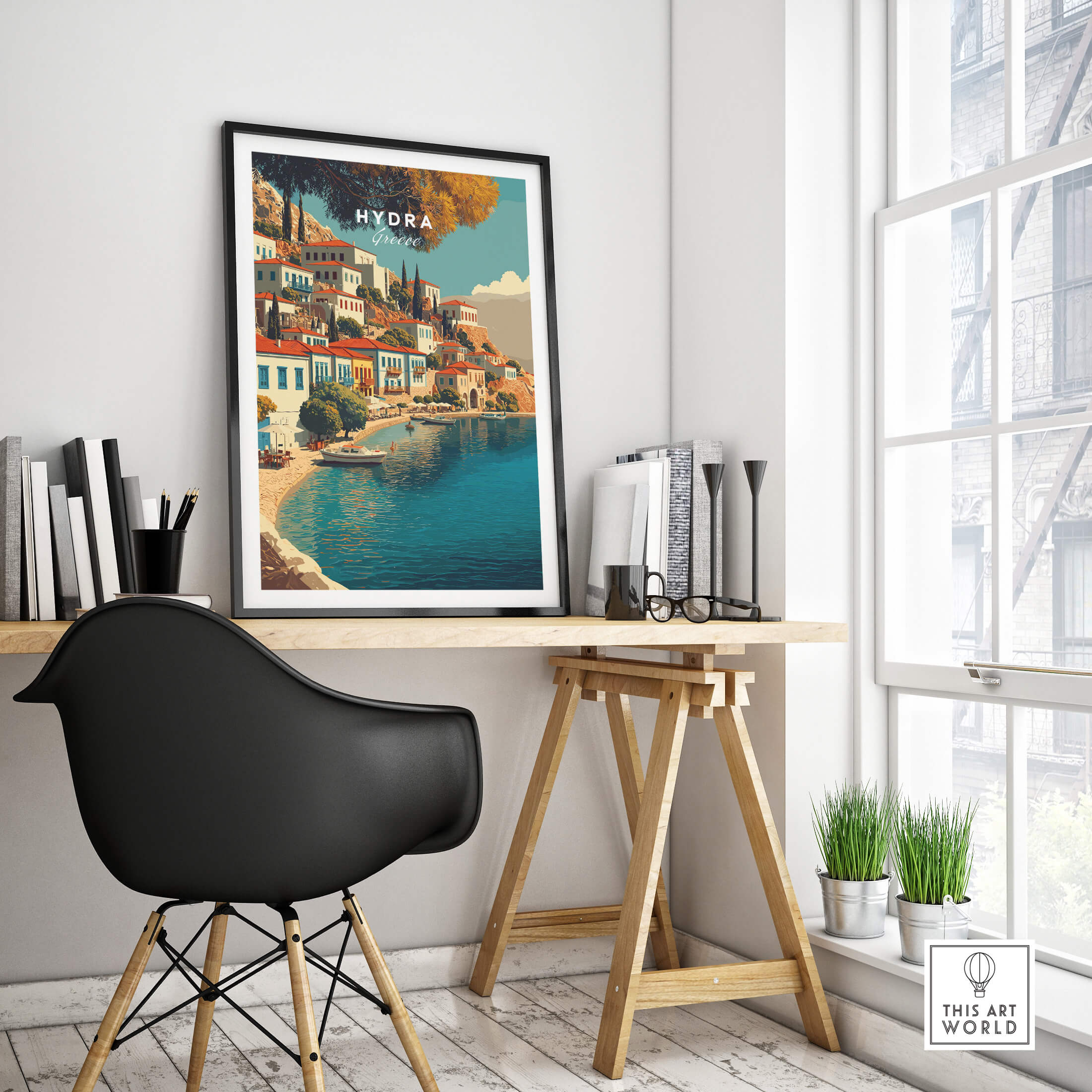 Hydra Greece Travel Poster | Harbor Side Promenade Wall Art Print displayed in a stylish home office setting.