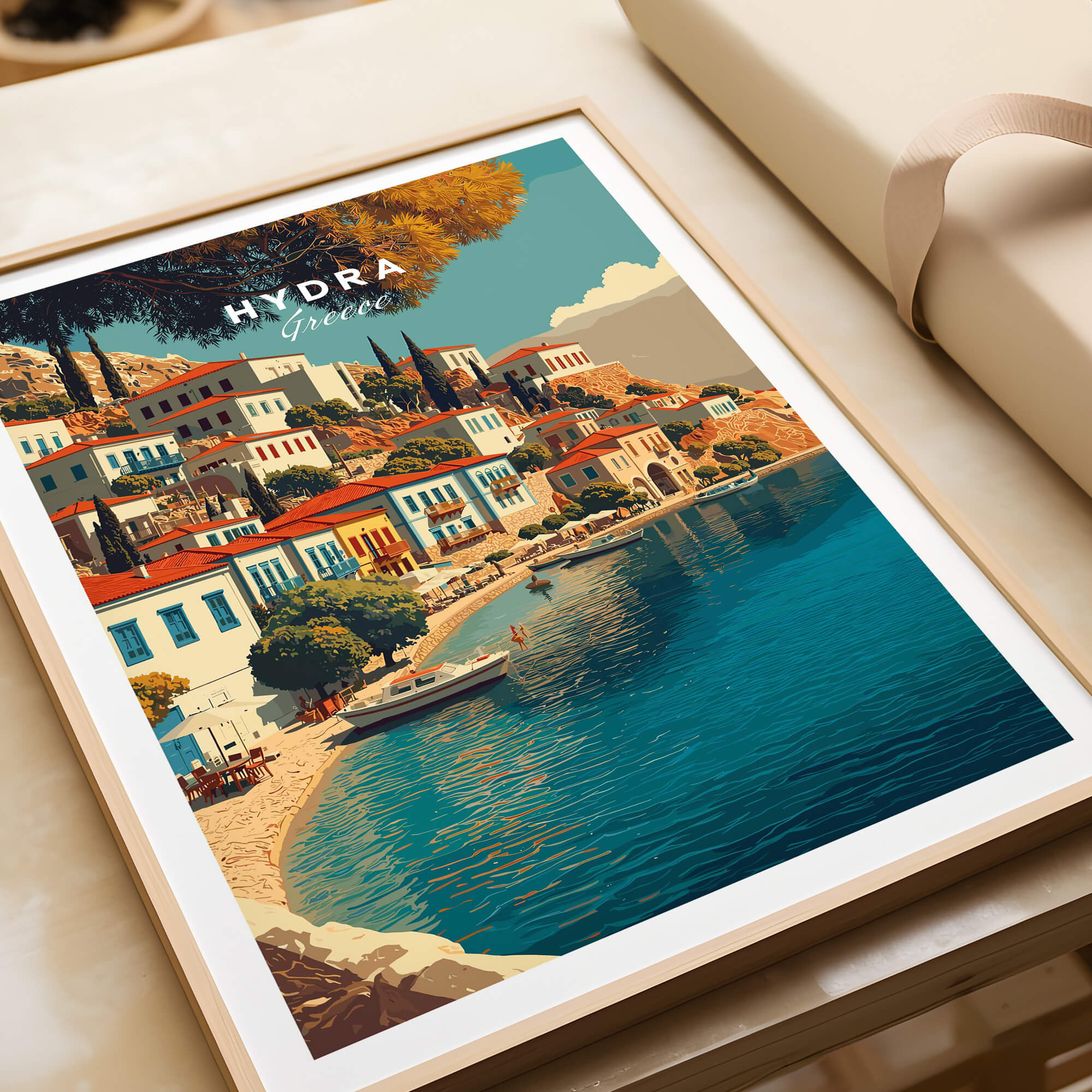 Hydra Greece Travel Poster | Harbor Side Promenade Wall Art Print featuring a vibrant waterfront scene.