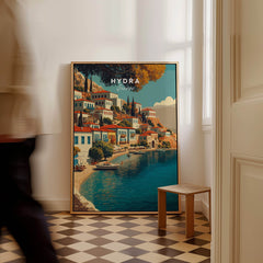 Hydra Greece Travel Poster | Harbor Side Promenade Wall Art Print showcasing scenic waterfront views in a stylish interior.