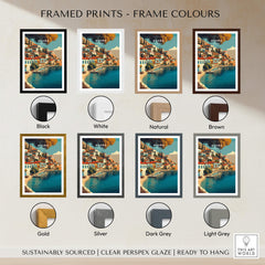 Framed prints in various colors including Black, White, Natural, Brown, Gold, Silver, Dark Grey, Light Grey for Hydra Greece Travel Poster.