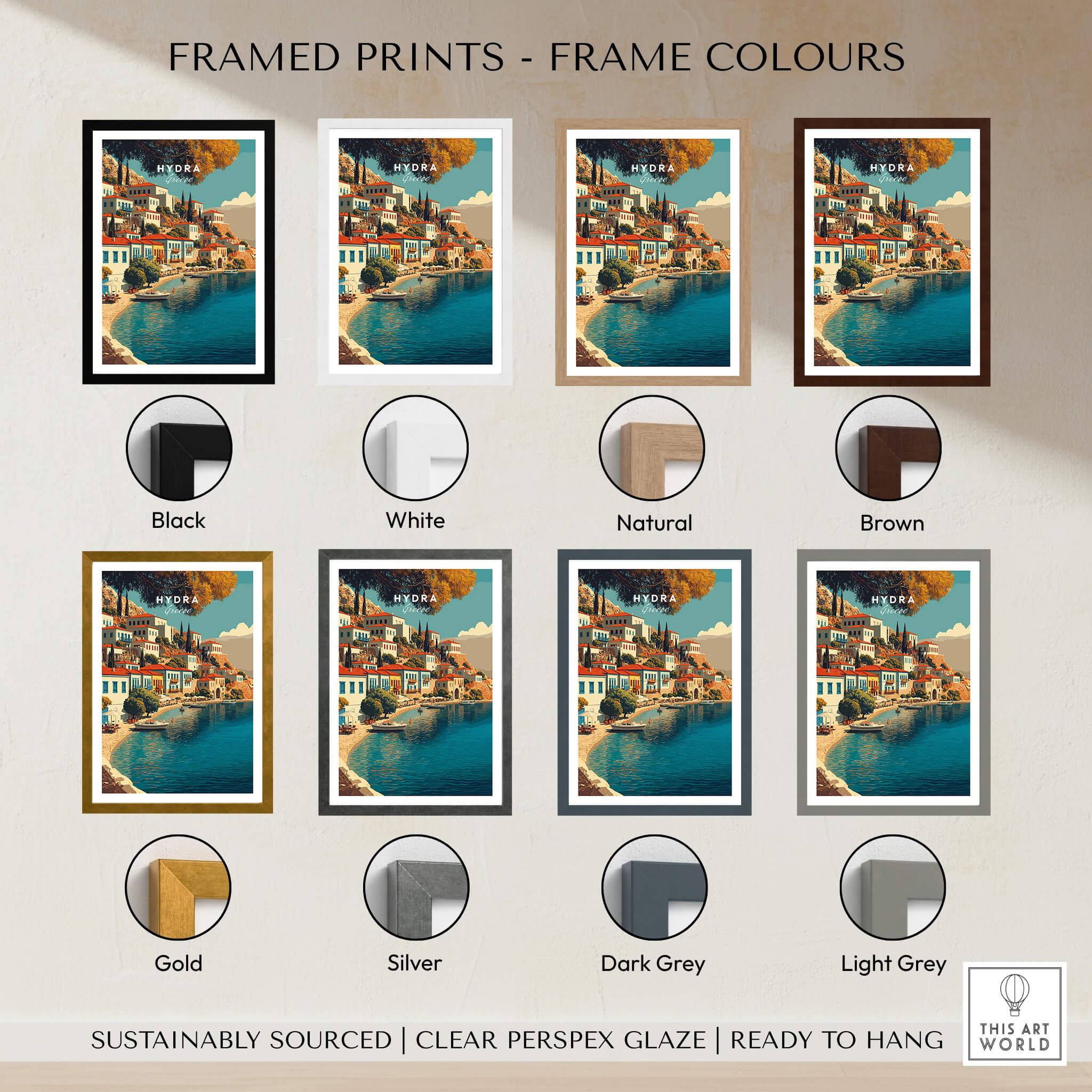 Framed prints in various colors including Black, White, Natural, Brown, Gold, Silver, Dark Grey, Light Grey for Hydra Greece Travel Poster.