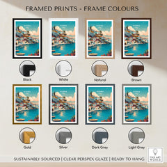 Hydra Greece Travel Poster | Waterfront Village Wall Art Print framed in various colors including black, white, natural, and brown.