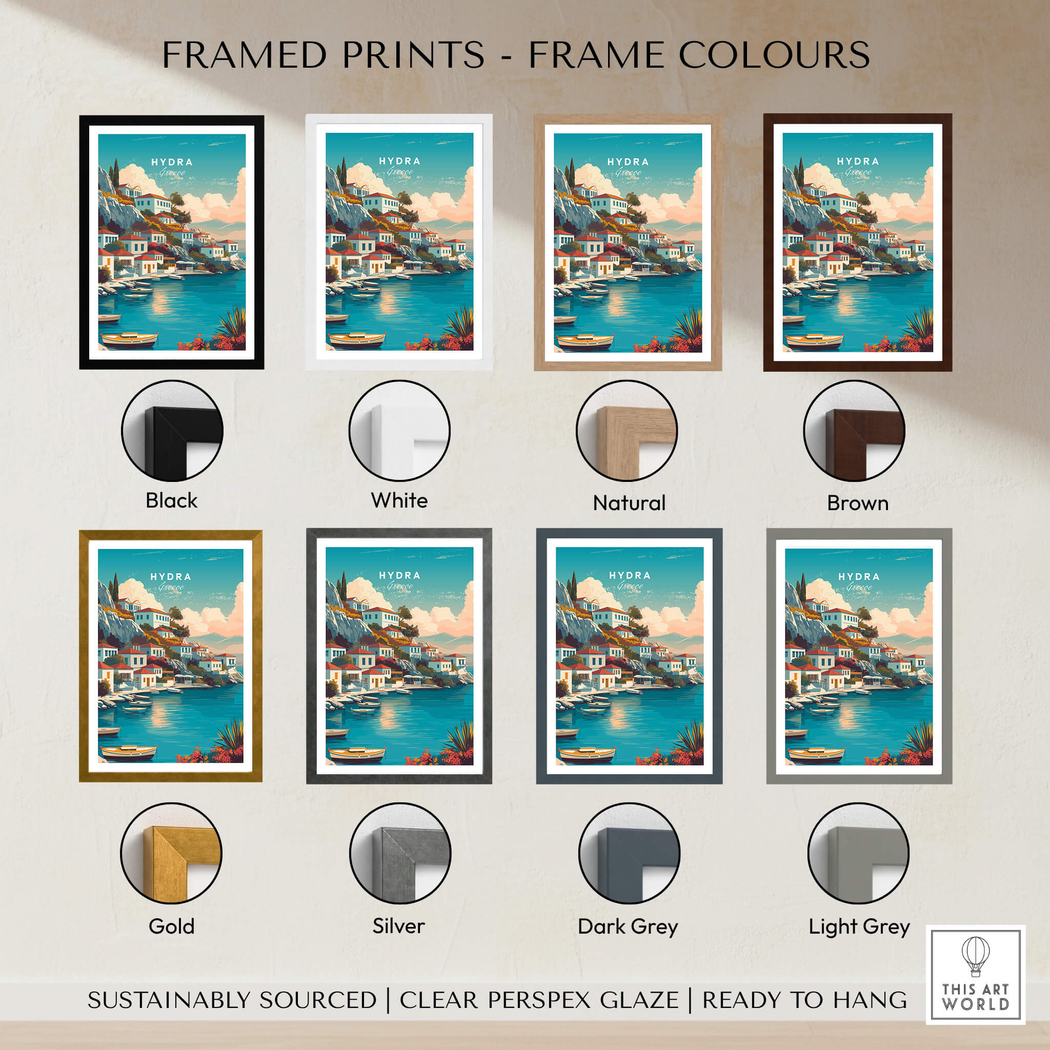 Hydra Greece Travel Poster | Waterfront Village Wall Art Print framed in various colors including black, white, natural, and brown.