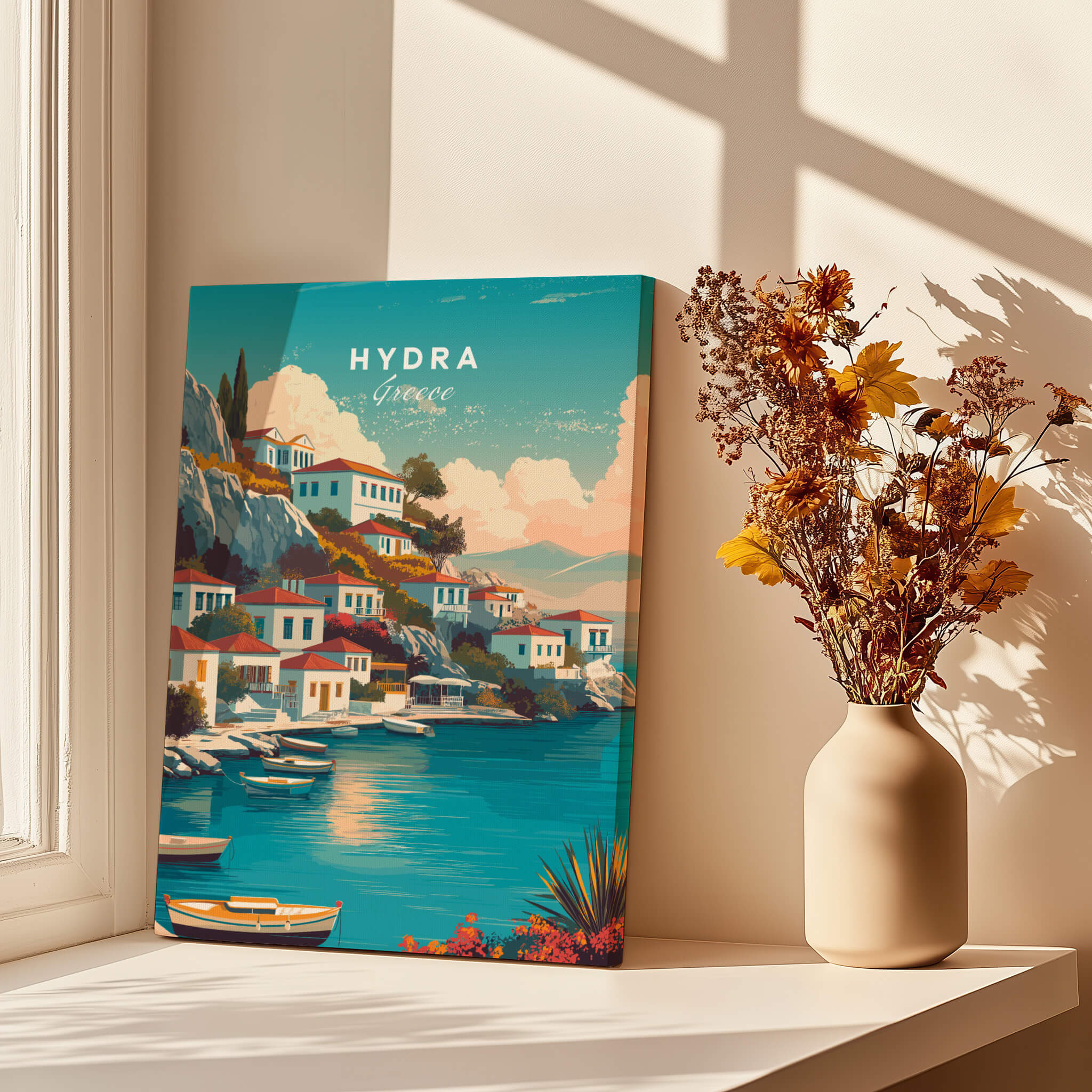 Hydra Greece Travel Poster | Waterfront Village Wall Art Print featuring a colorful harbor and traditional architecture.