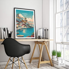 Hydra Greece Travel Poster | Waterfront Village Wall Art Print displayed in a modern workspace with stylish decor.