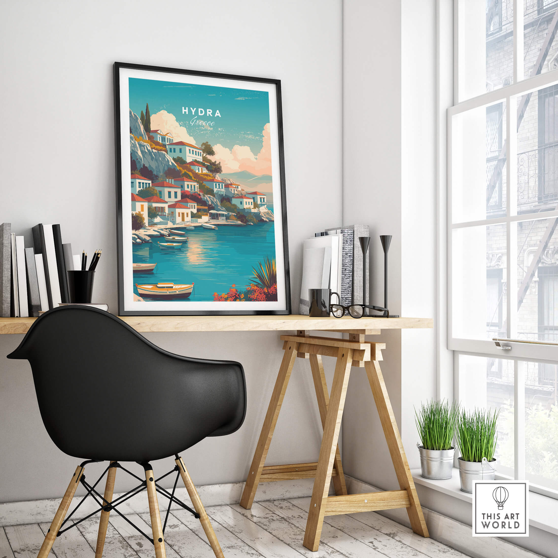 Hydra Greece Travel Poster | Waterfront Village Wall Art Print displayed in a modern workspace with stylish decor.
