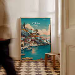 Hydra Greece Travel Poster | Waterfront Village Wall Art Print showcasing colorful buildings and Mediterranean waters.