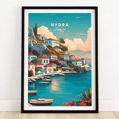 Hydra Greece Travel Poster | Waterfront Village Wall Art Print featuring vibrant waterfront buildings and boats.