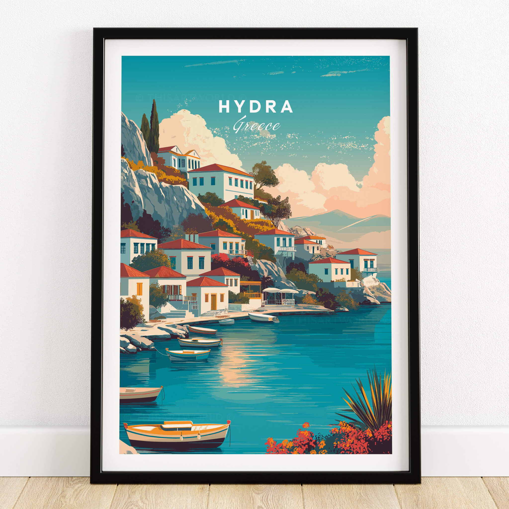 Hydra Greece Travel Poster | Waterfront Village Wall Art Print featuring vibrant waterfront buildings and boats.