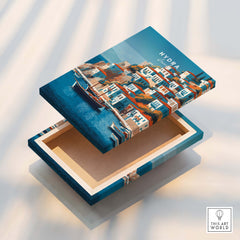 Hydra Greece Wall Art Print | Historic Port & Harbor Travel Poster featuring a colorful box with Hydra's scenic harbor.