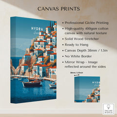 Hydra Greece Wall Art Print | Historic Port & Harbor Travel Poster canvas print showcasing vibrant coastal scenery.
