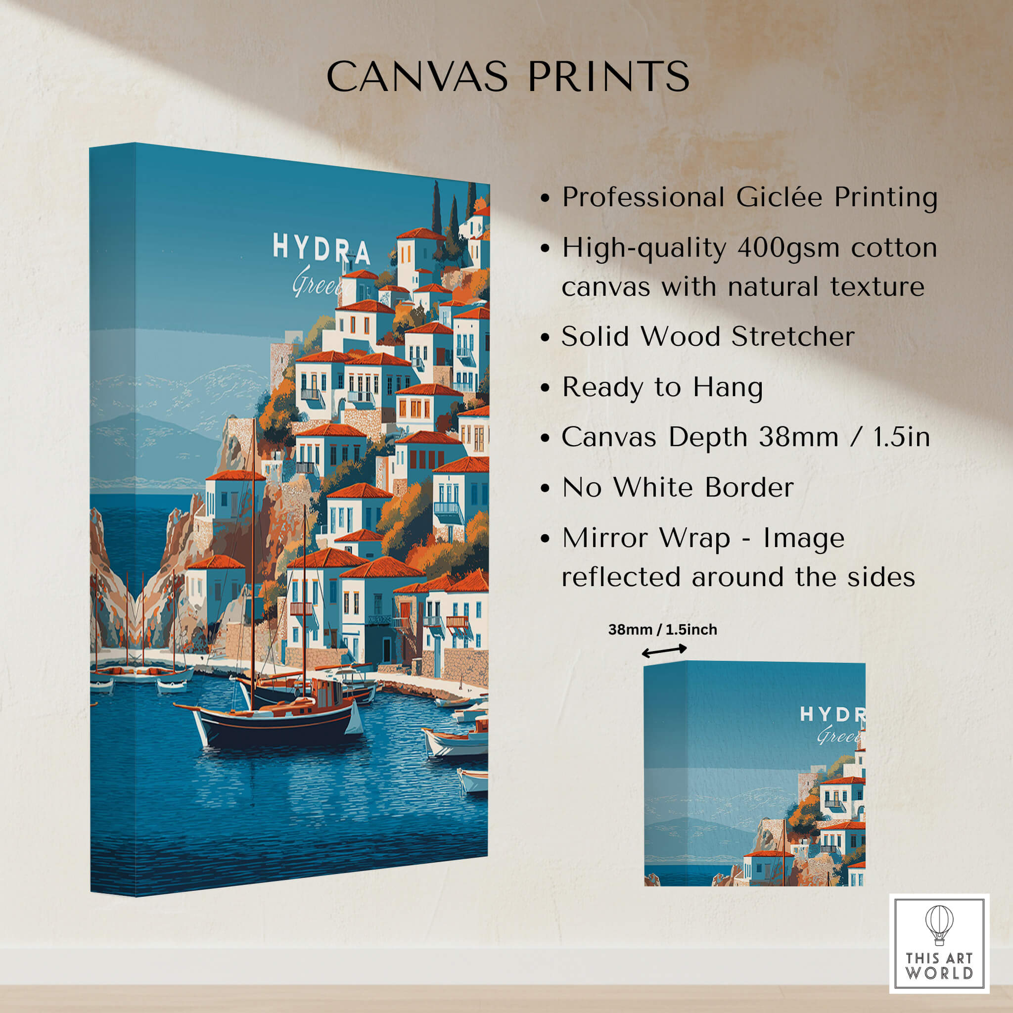 Hydra Greece Wall Art Print | Historic Port & Harbor Travel Poster canvas print showcasing vibrant coastal scenery.