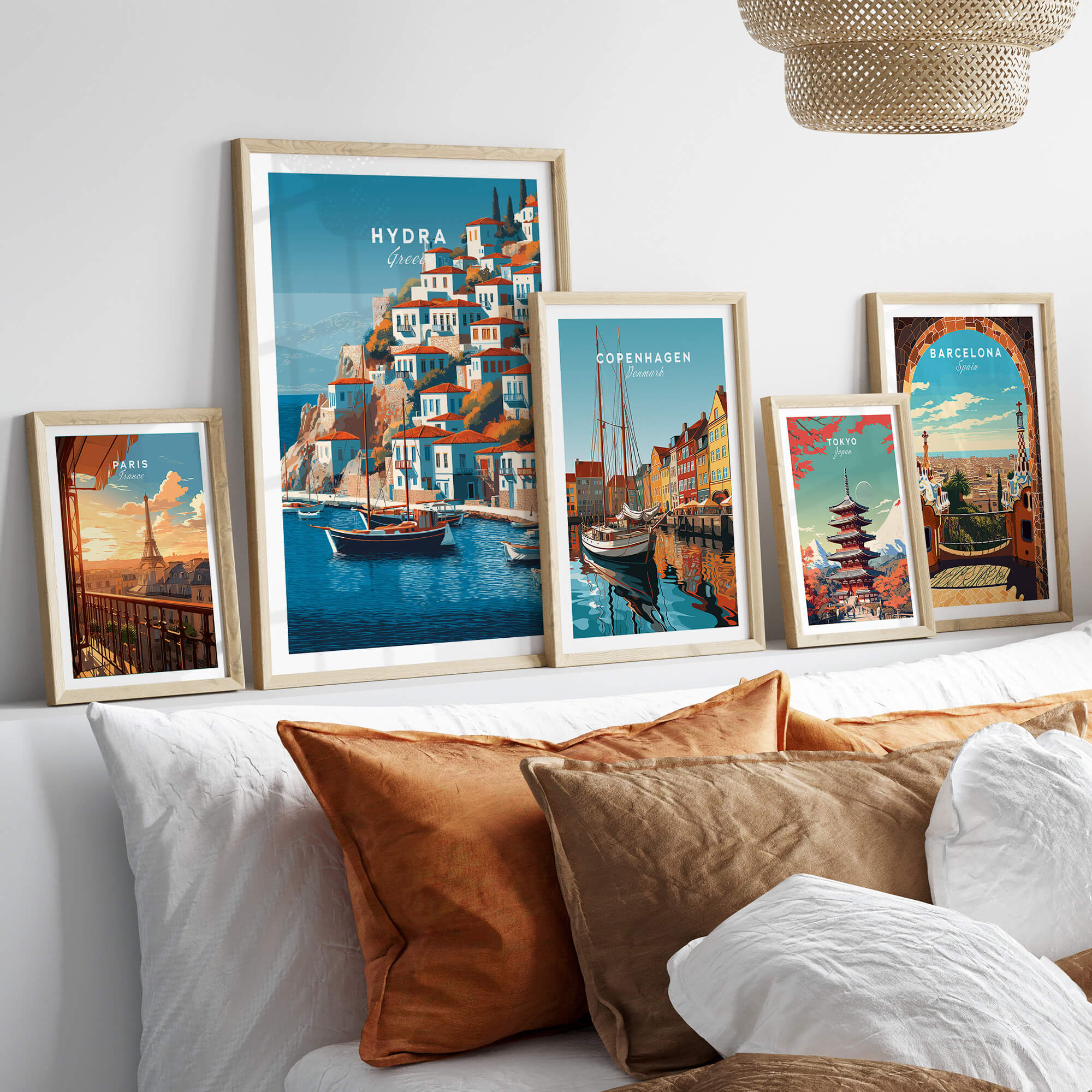 Hydra Greece Wall Art Print | Historic Port & Harbor Travel Poster displayed in a stylish home setting with other travel art.