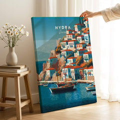 Hydra Greece Wall Art Print | Historic Port & Harbor Travel Poster showcasing iconic island view and traditional boats.