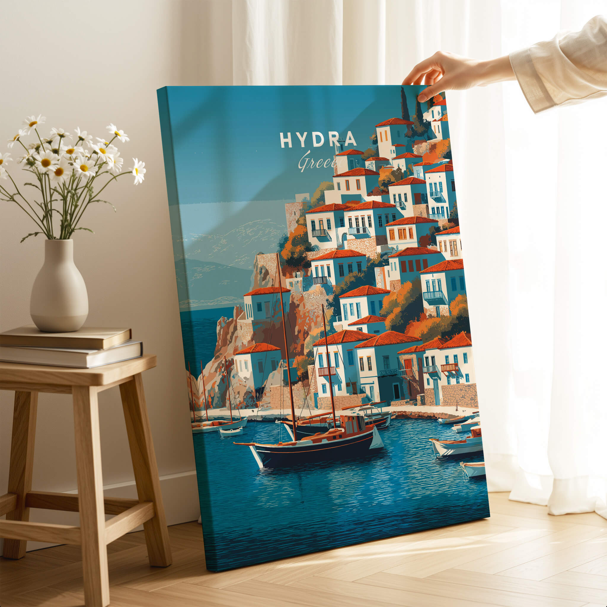 Hydra Greece Wall Art Print | Historic Port & Harbor Travel Poster showcasing iconic island view and traditional boats.