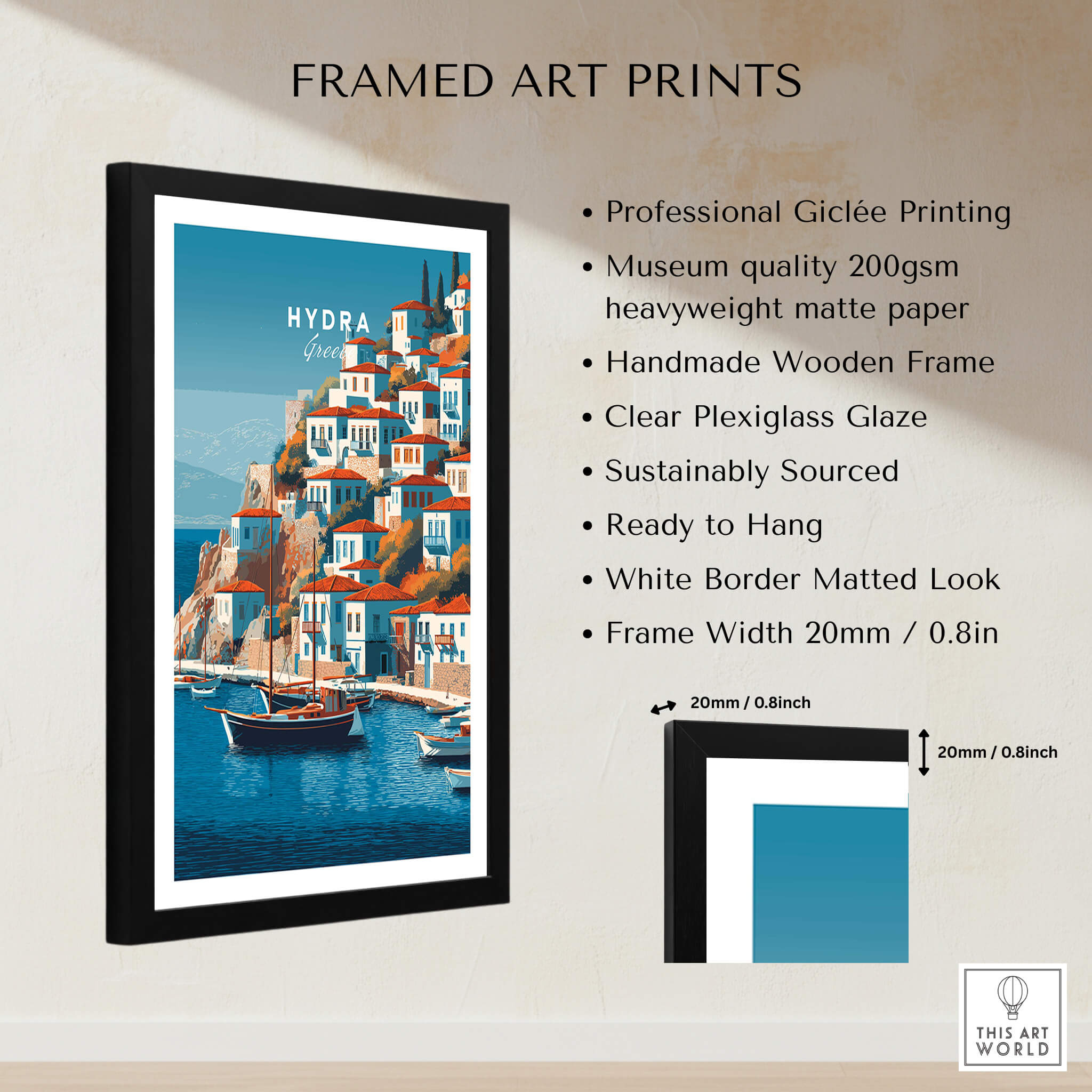 Hydra Greece Wall Art Print | Historic Port & Harbor Travel Poster framed art print showcasing vibrant Mediterranean scenery.