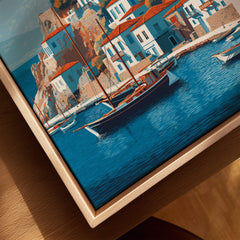 Hydra Greece Wall Art Print | Historic Port & Harbor Travel Poster featuring a scenic coastal view with traditional boats.