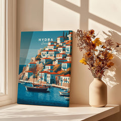 Hydra Greece Wall Art Print | Historic Port & Harbor Travel Poster displayed with vase and flowers.